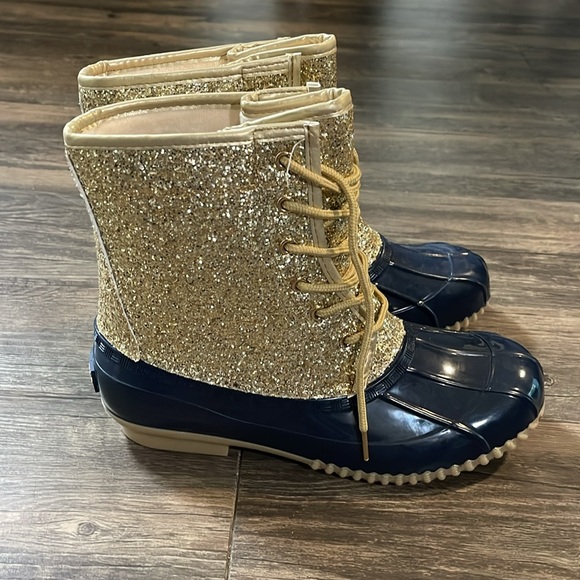 Sugar Gold and Navy Women's Waterproof Duck Boots - Picture 1 of 9